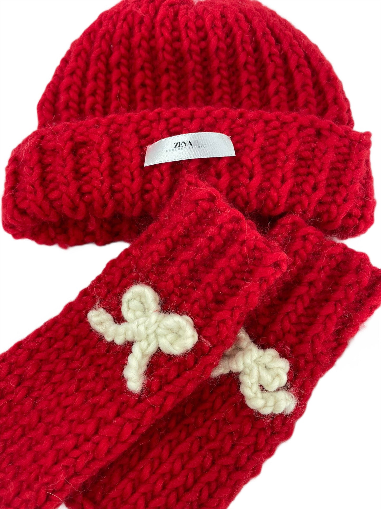 Knitted Wool Beanie and Gloves SET - RED