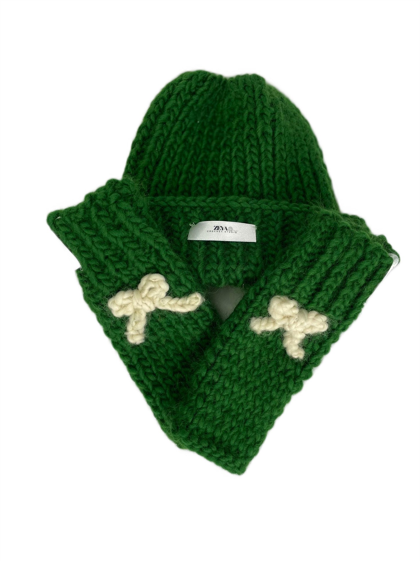 Knitted Wool Beanie and Gloves SET - GREEN