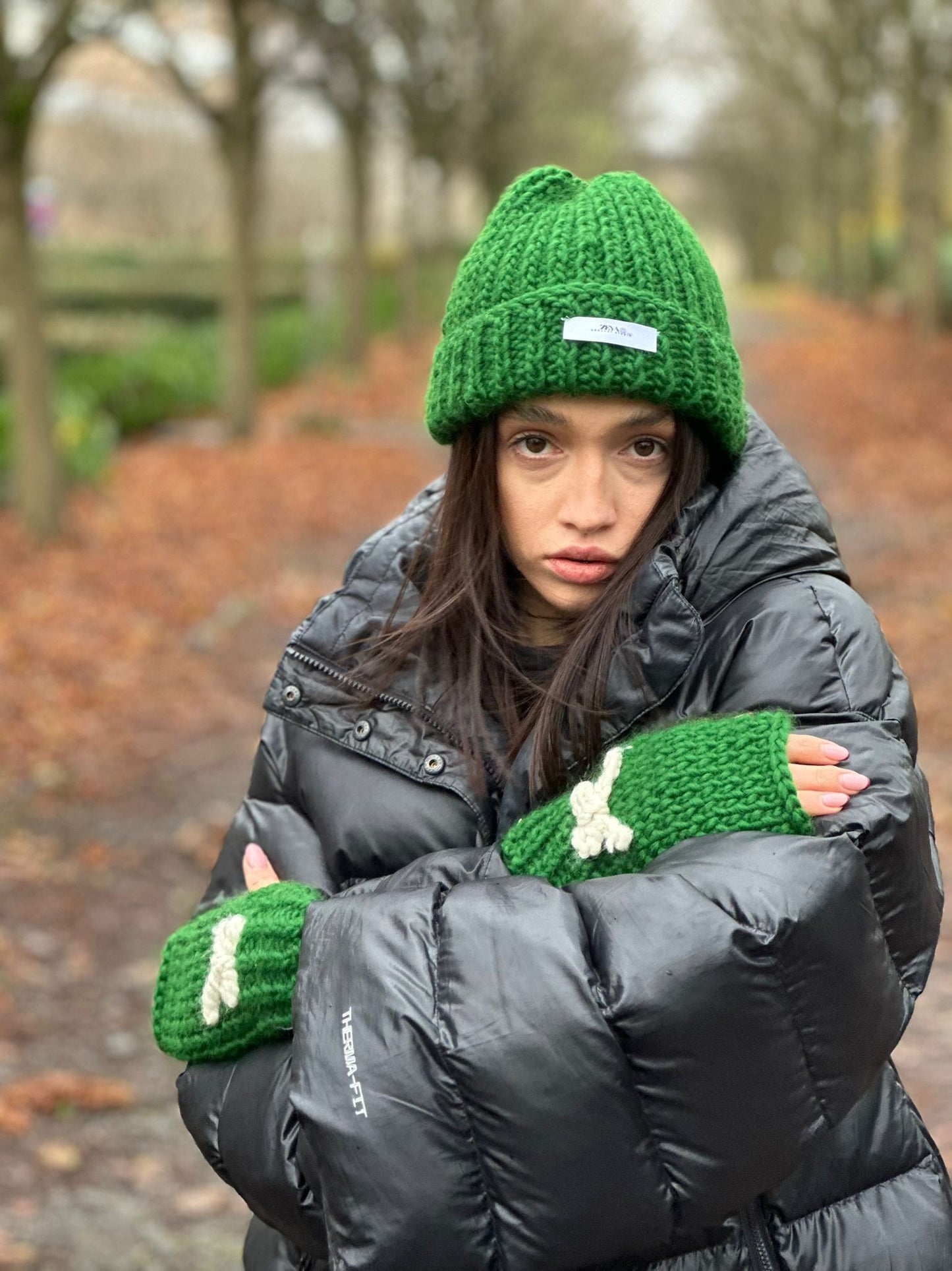 Knitted Wool Beanie and Gloves SET - GREEN