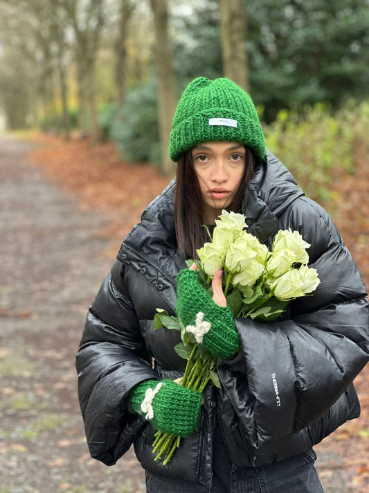 Knitted Wool Beanie and Gloves SET - GREEN